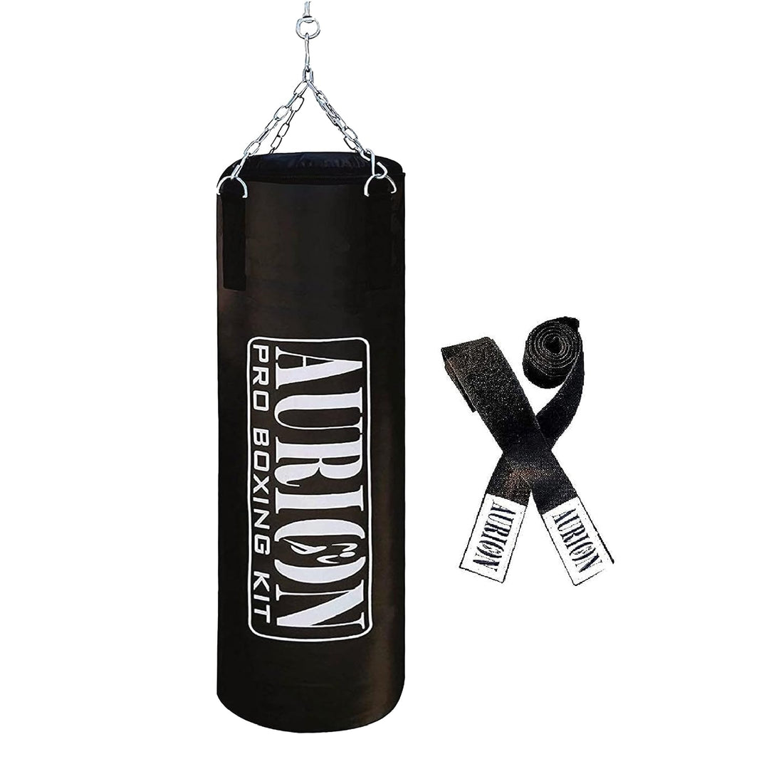 Aurion by 10Club 3 Feet Unfilled Synthetic Leather Punching Bag Combo | Boxing Bag with Boxing Hand Wrap & Hanging Chain | Boxing | MMA | Muay Thai | Kickboxing |Taekwondo - Black 3 Feet/36 Inches