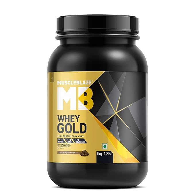 Bundle - MuscleBlaze Whey Gold 100% Whey Protein Isolate, 1 kg (2.2 lb), Rich Milk Chocolate