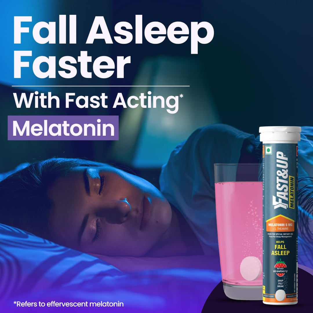 Fast&Up Melatonin with 5 mg Melatonin + 100 mg L-Theanine | Helps fall asleep faster & Wake up refreshed | Fast Acting, 100% Natural, Non-Addictive - Strawberry flavour