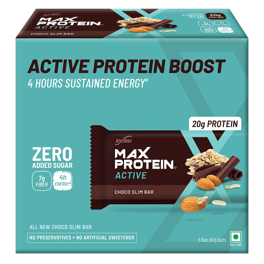 RiteBite Max Protein Active 20g Choco Slim Protein Bars (Pack of 6),  402g