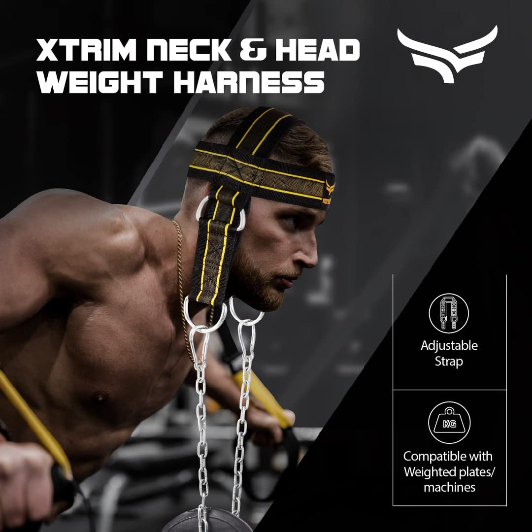 Neck and Head Weight Harness with 30” Heavy-Duty Steel Chain & 4 D-Rings for Gym & Home Workout | Thick Neoprene Padded & Adjustable Strap with Superior Saddle Stitching - Yellow