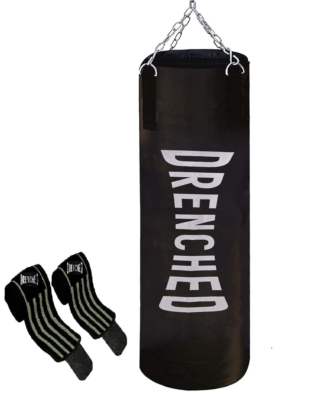 DRENCHED Unfilled Punching Bag with Hanging Chain & Wrist Wrap Combo | Boxing Bag Kit for MMA, Karate, Judo, Muay Thai, Kickboxing,Training at Home or Gym-Black (3 Feet, Wrist Wrap)