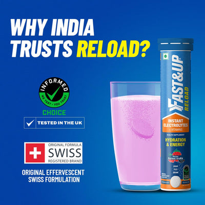 Fast&Up Reload (5 Litres) Low Sugar energy drink for Instant Hydration - 20 Effervescent Tablets with 5 Essential Electrolytes + Added Vitamins - Certified Electrolytes Drink - Forest Fruits flavour