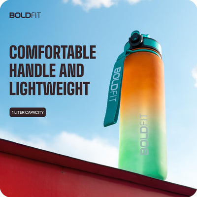 Boldfit 1 Litre Sipper Bottle For Adults, Kids Unbreakable Motivational Water Bottle Time Mark Sipper With Straw-Time For Office School Home Water Bottle for Kids -(Ombre Green Orange)