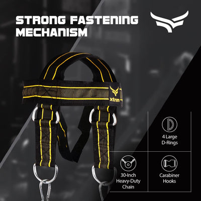 Neck and Head Weight Harness with 30” Heavy-Duty Steel Chain & 4 D-Rings for Gym & Home Workout | Thick Neoprene Padded & Adjustable Strap with Superior Saddle Stitching - Yellow