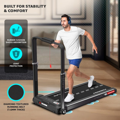 PowerMax Fitness JOGPAD (4HP Peak) Motorized Foldable Treadmill for Home Use with Handle, Remote Control, Max User 120kg, Top Speed 12kmph, Running Deck 1080mmx400mm, Bluetooth, iPad Holder, Speaker