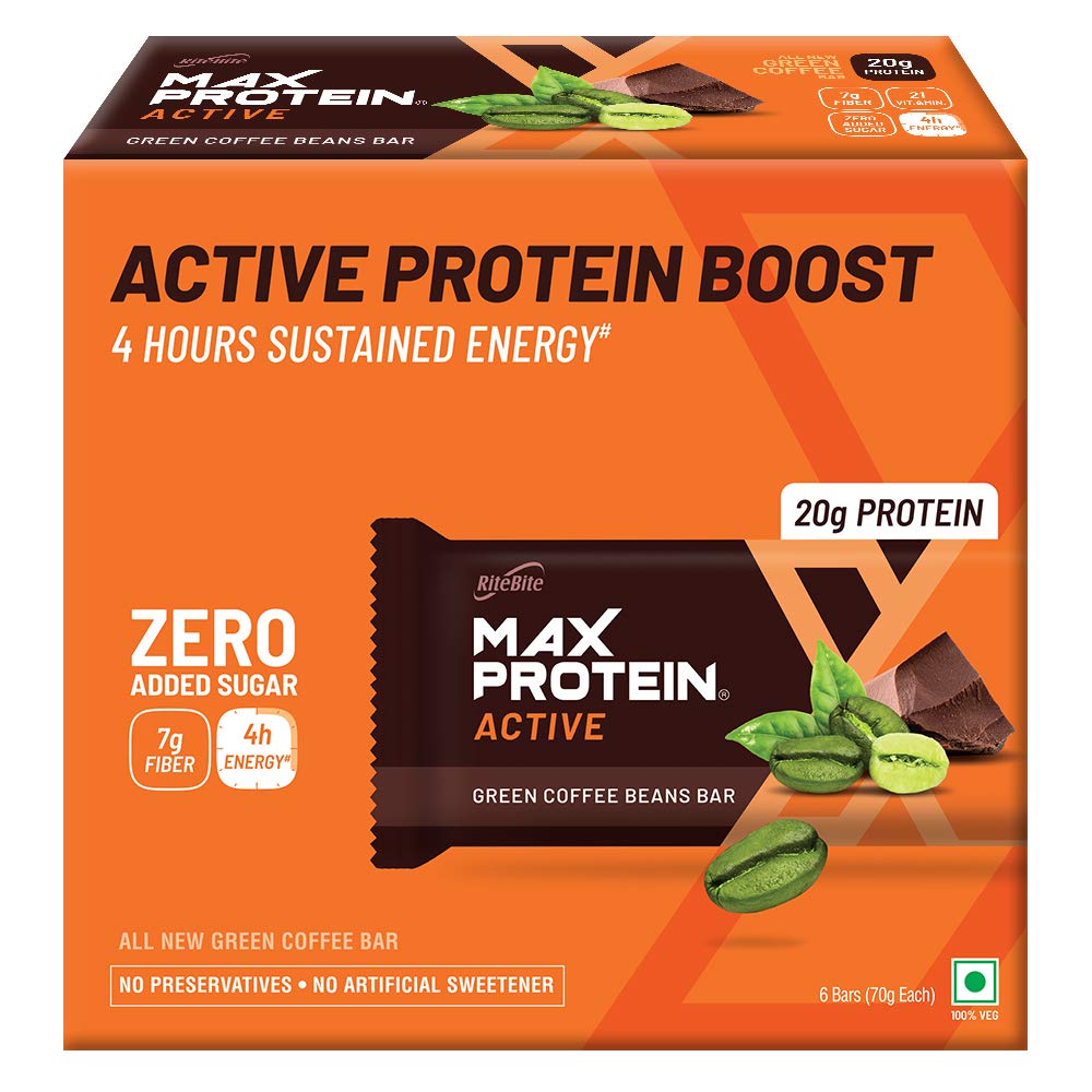 RiteBite Max Protein Active 20g Green Coffee Beans Protein Bars (Pack of 6), 420g