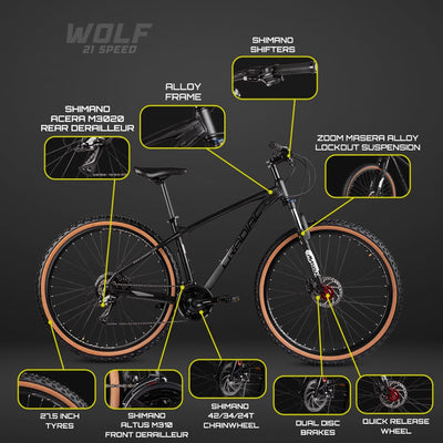 CRADIAC - Wolf 21 Speed | 27.5" Inch Unisex MTB | Zoom Lockout Suspension | Shimano Powered Gears | 6061 Light Weight Alloy Frame