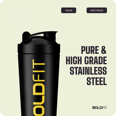 Boldfit Stainless Steel Shaker Bottles For Gym (Black-Gold)- 100% Leakproof Guarantee, Ideal For Protein, Pre Workout, Bcaas & Water Bpa Free Material, 700 milliliter