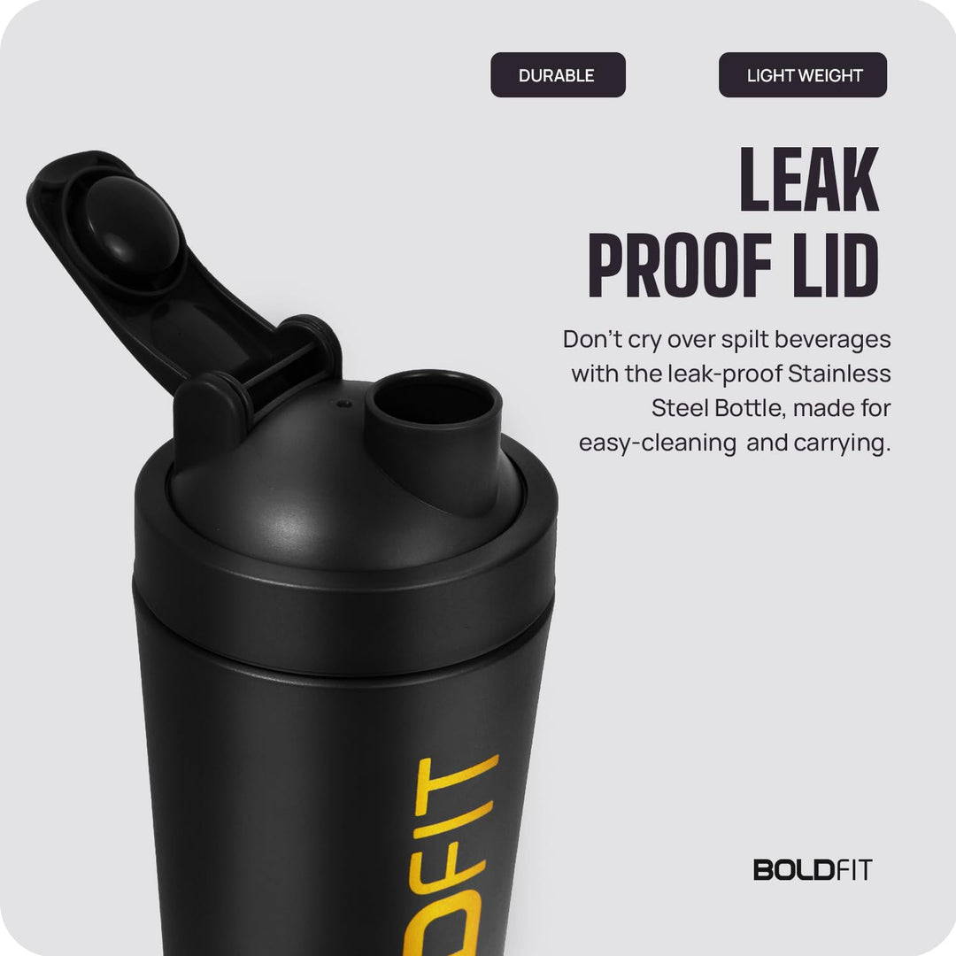 Boldfit Stainless Steel Shaker Bottles For Gym (Black-Gold)- 100% Leakproof Guarantee, Ideal For Protein, Pre Workout, Bcaas & Water Bpa Free Material, 700 milliliter