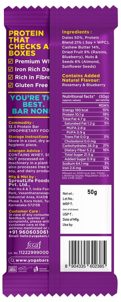 Blueberry Blast 10g Protein Bars [Pack of 6] | Protein Blend & Premium Whey | 100% Veg | Rich Protein Bar with Date | Vitamins | Fiber | Energy & Immunity for fitness. 100% Natural ingredients used.
