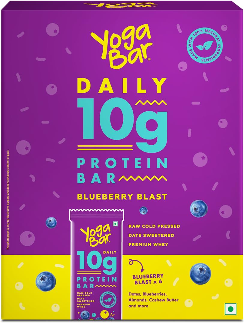 Blueberry Blast 10g Protein Bars [Pack of 6] | Protein Blend & Premium Whey | 100% Veg | Rich Protein Bar with Date | Vitamins | Fiber | Energy & Immunity for fitness. 100% Natural ingredients used.