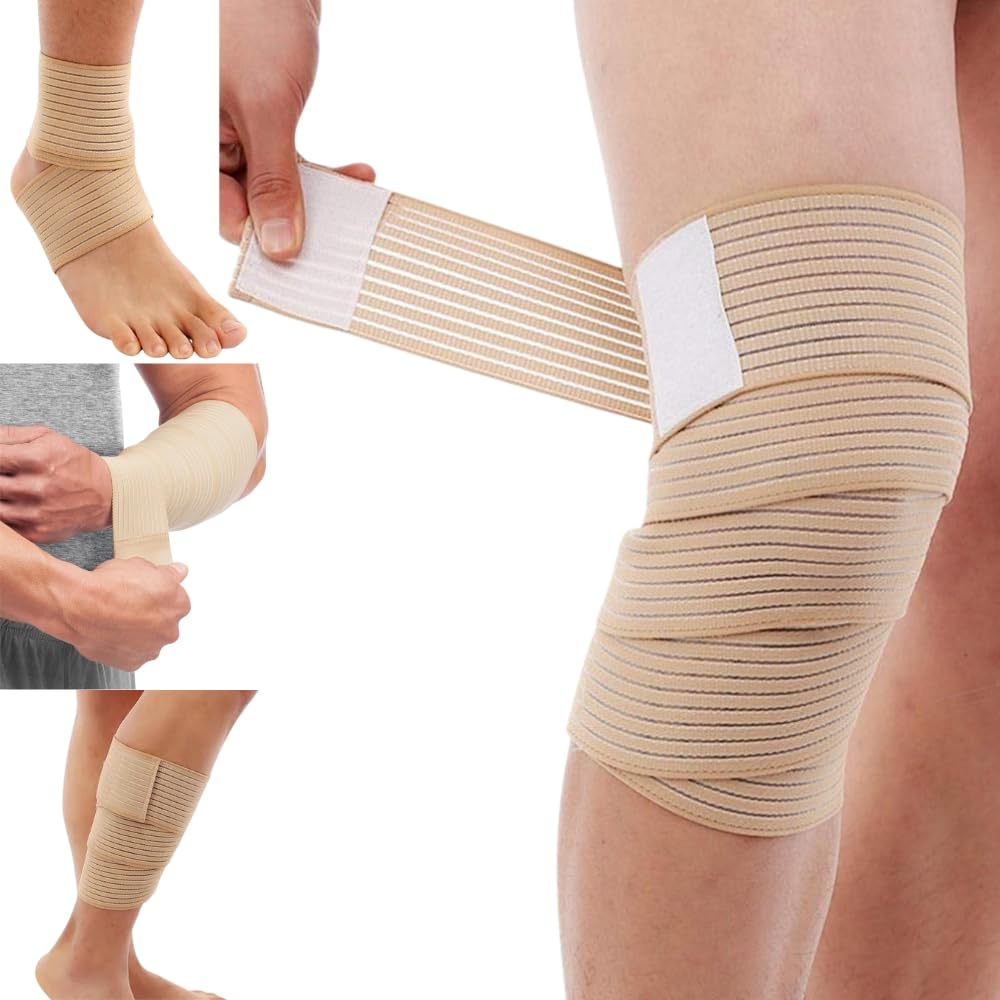 ALYV 2PCS Extra Long Elastic Knee Wrap Compression Bandage Brace Support for Legs, Plantar Fasciitis, Stabilising Ligaments, Joint Pain (Beige)