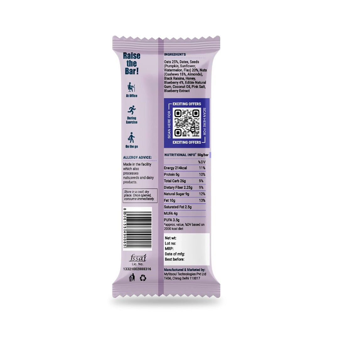 Meal Replacement Energy Bar | Fresh Blueberry Flavor (Pack of 6/ 50g each) | 100% Natural Ingredients