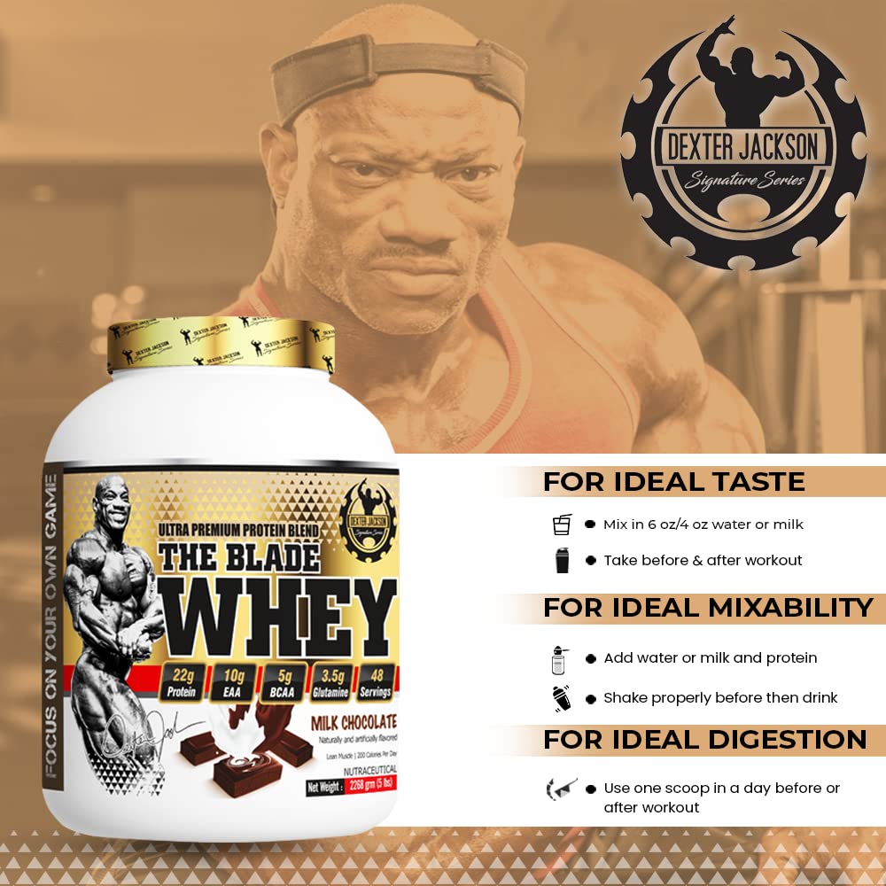 Dexter Jackson The Blade Whey | Milk Chocolate Flavor | 5 lbs 2268g Premium Whey Protein for Lean Muscle Growth and Recovery