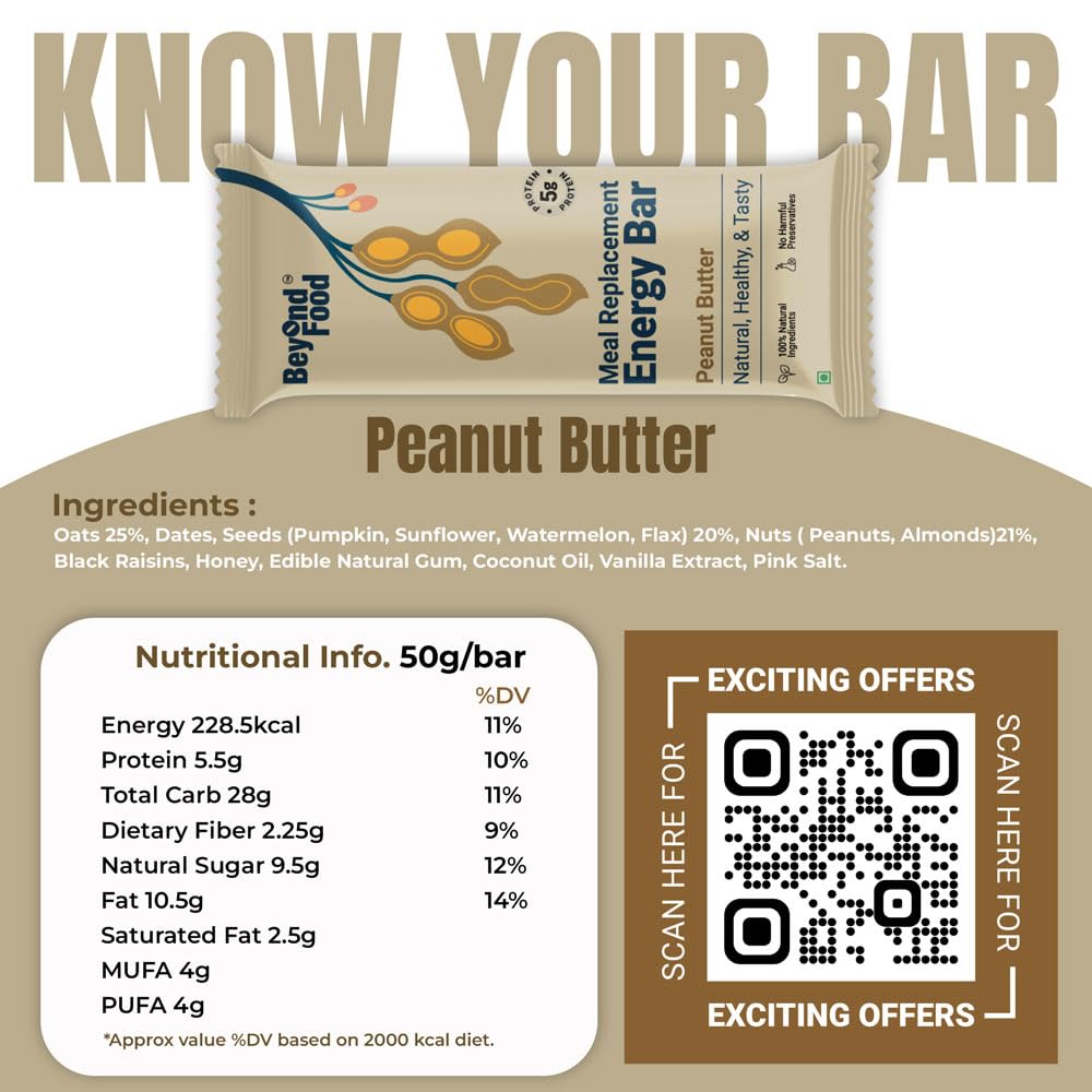 Meal Replacement Energy Bar | Peanut Butter Flavor (Pack of 6/ 50g each) | 100% Natural Ingredients