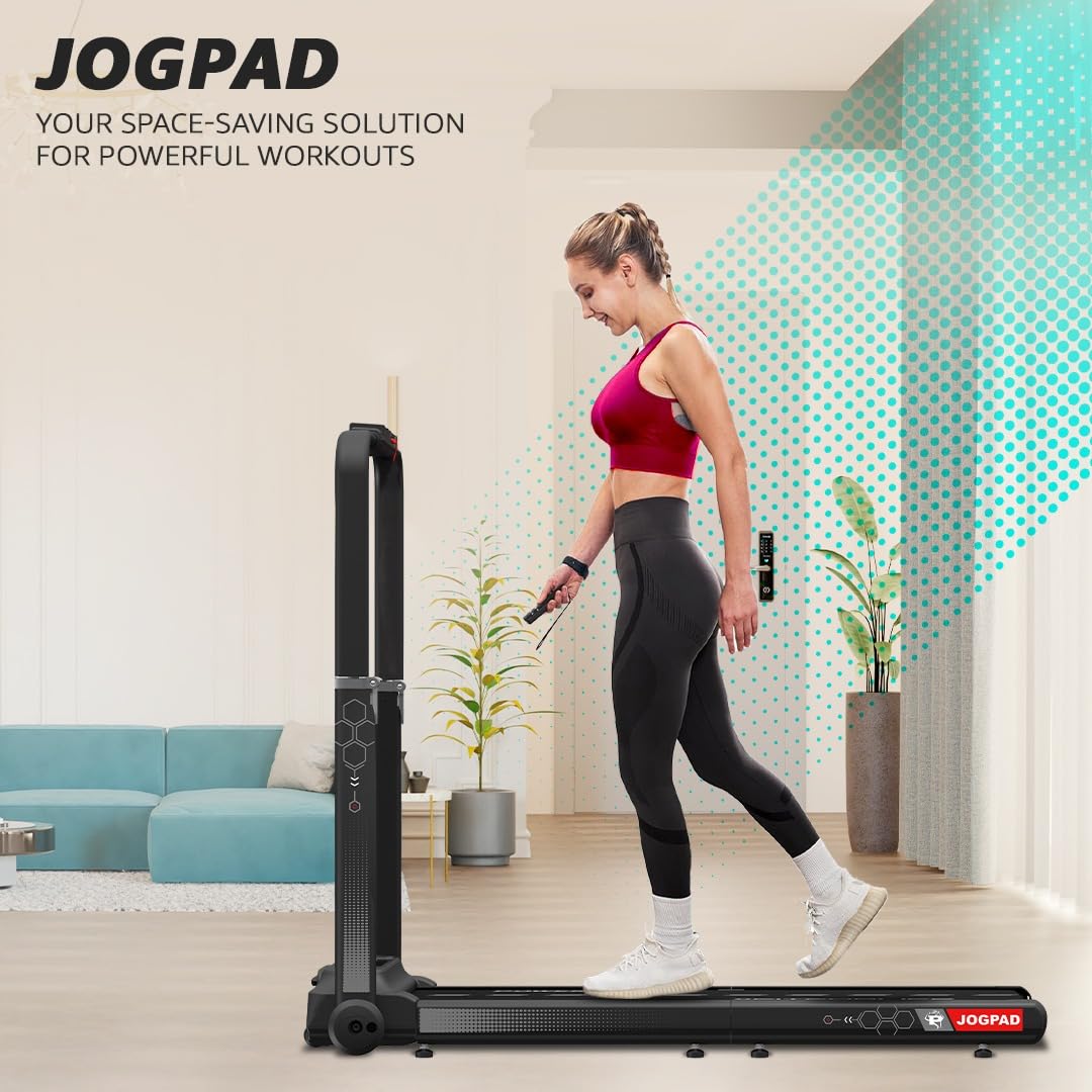 PowerMax Fitness JOGPAD (4HP Peak) Motorized Foldable Treadmill for Home Use with Handle, Remote Control, Max User 120kg, Top Speed 12kmph, Running Deck 1080mmx400mm, Bluetooth, iPad Holder, Speaker