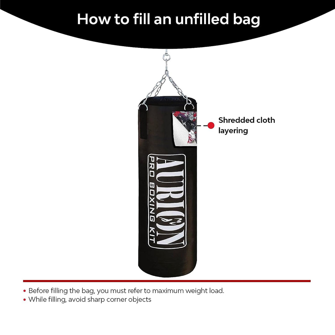 Aurion by 10Club 3 Feet Unfilled Synthetic Leather Punching Bag Combo | Boxing Bag with Boxing Hand Wrap & Hanging Chain | Boxing | MMA | Muay Thai | Kickboxing |Taekwondo - Black 3 Feet/36 Inches