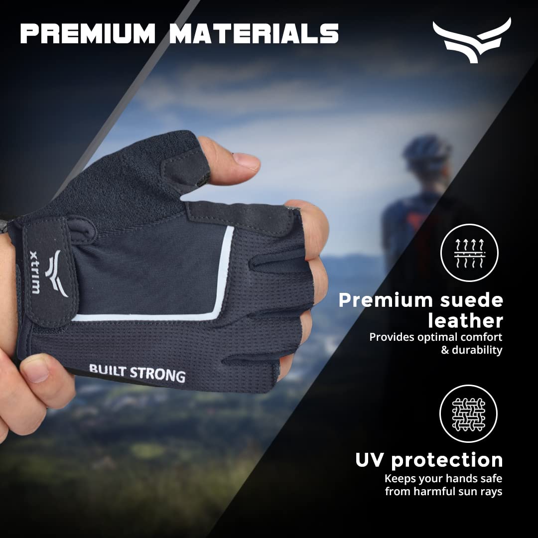 CycleON Cycling Gloves | Made with Premium Suede Leather | Gel Padding on Palm | in-Built Towel | Pullers | Breathable Fabric | Twin Stitching | UV Protection (One Size Fits All | Black & Red)