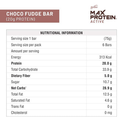 RiteBite Max Protein Active 20g Choco Fudge Protein Bars (Pack of 6), 450g