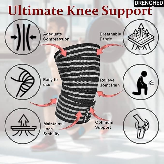 DRENCHED Knee Wrap (Pair) with Strap for Men & Women | Compression & Strechable Knee Wrap ideal for Cross Training, Gym Workouts, Weightlifting, Fitness & Powerlifting | Knee Straps for Squats (Grey)