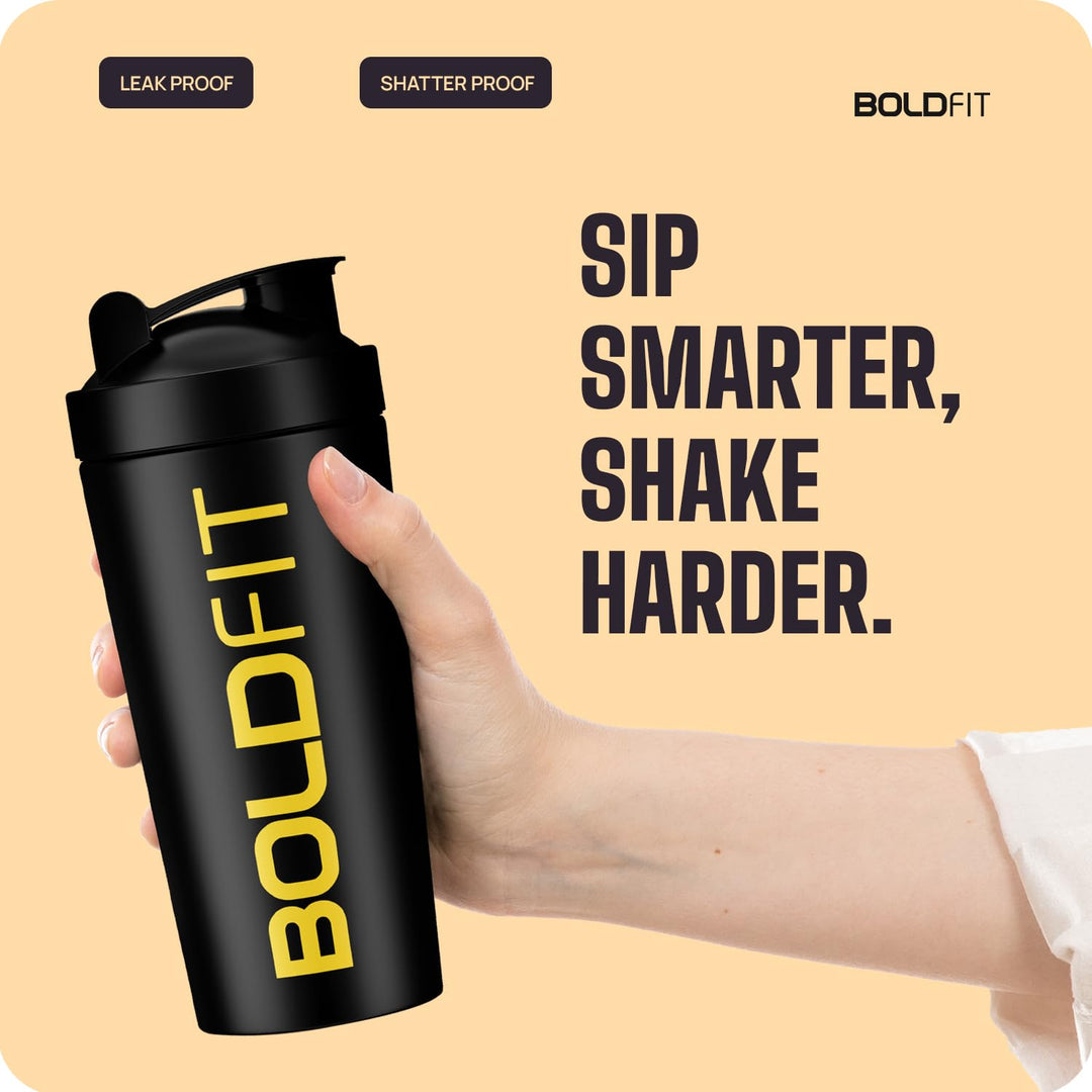 Boldfit Stainless Steel Shaker Bottles For Gym (Black-Gold)- 100% Leakproof Guarantee, Ideal For Protein, Pre Workout, Bcaas & Water Bpa Free Material, 700 milliliter