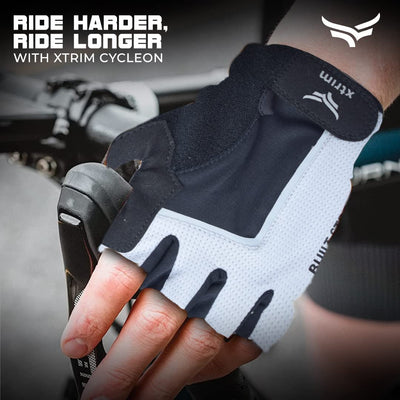 CycleON Cycling Gloves | Made with Premium Suede Leather | Gel Padding on Palm | in-Built Towel | Pullers | Breathable Fabric | Twin Stitching | UV Protection (One Size Fits All | Black & Grey)