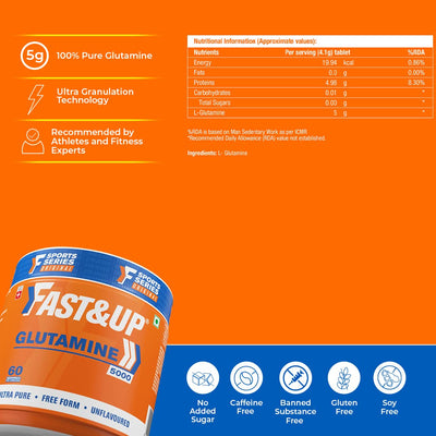 Fast&Up Glutamine (Unflavoured, 2 Month Supply) L-Glutamine For Muscle Building & Performance | Post Workout Recovery & Muscle Growth (300g powder)