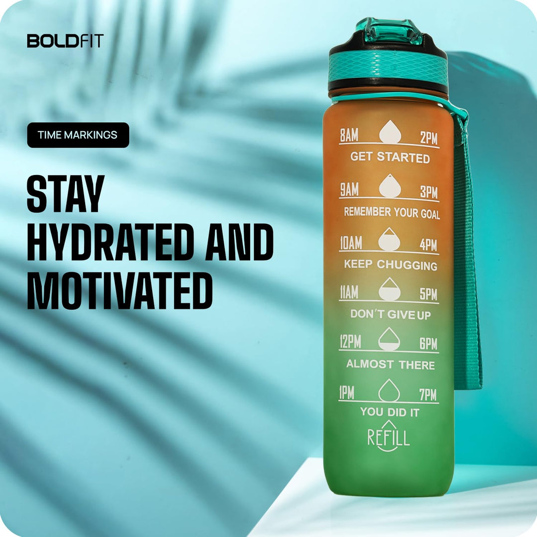 Boldfit 1 Litre Sipper Bottle For Adults, Kids Unbreakable Motivational Water Bottle Time Mark Sipper With Straw-Time For Office School Home Water Bottle for Kids -(Ombre Green Orange)