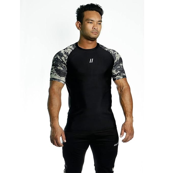 Men’s Compression Fit Nylon Half Sleeve T Shirt - Camouflage Skin Tight Base Layer for Gym | Running | Cycling