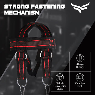 Neck and Head Weight Harness with 30” Heavy-Duty Steel Chain & 4 D-Rings for Gym & Home Workout | Thick Neoprene Padded & Adjustable Strap with Superior Saddle Stitching