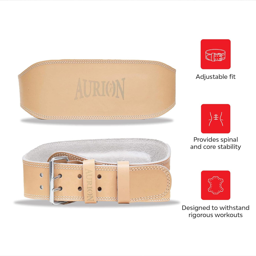 Aurion by 10Club Weight Lifting Gym Belt- Small | Leather Gym Belt for Workout with Padded Back Support | Dead Lift Belt - Tan