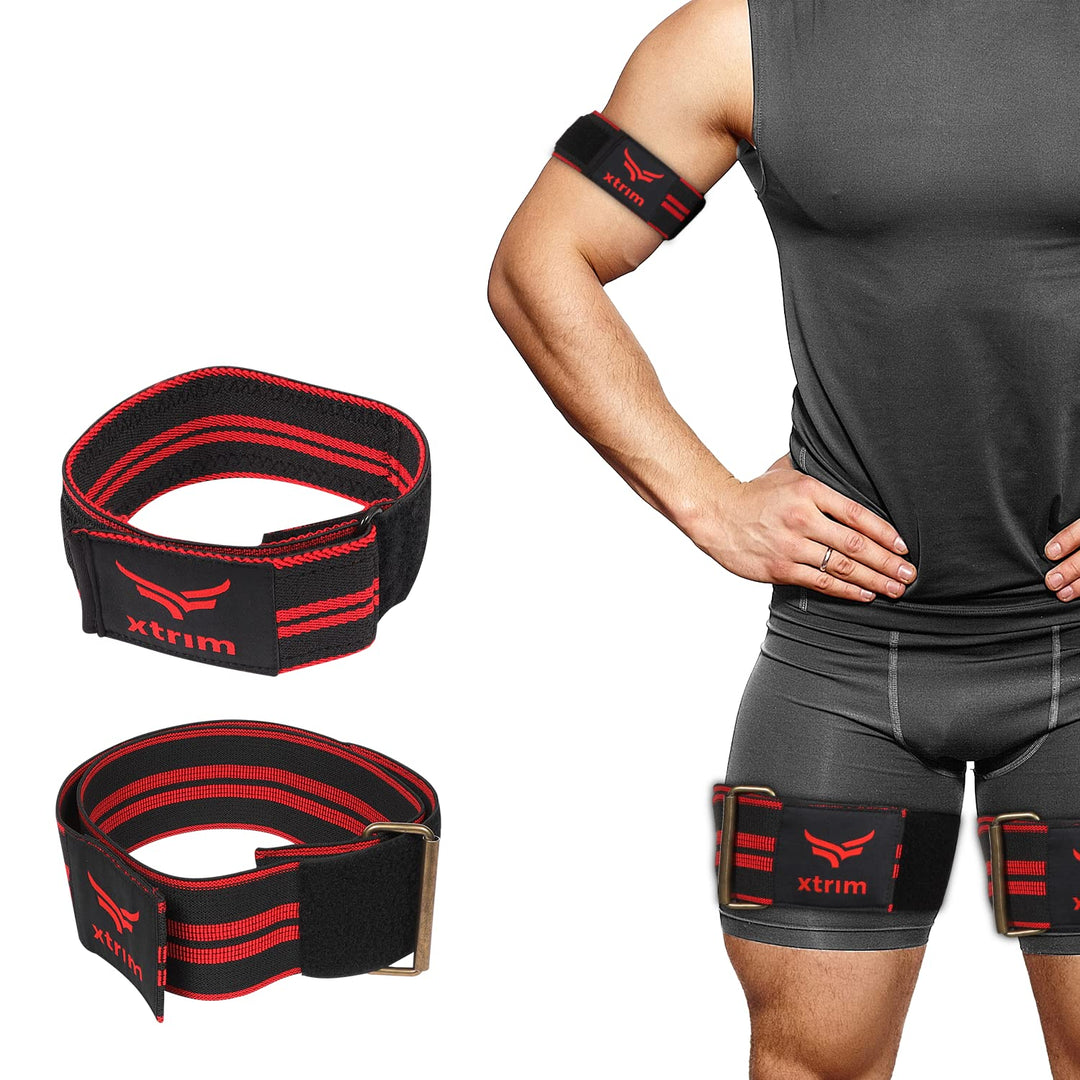 Combo Pack - 2 BFR (Blood Flow Restriction) Workout Bands for Arms & 2 BFR Bands for Legs or Glutes | Strengthen Muscles Without Lifting Heavy Weights (Set of 4 | Red & Black)