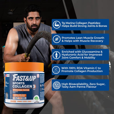 Fast&Up Sports Collagen Protein | 7g Type 1 Marine Collagen Peptides | Supports Healthy Joints, Bones & Muscles || Aam Panna Flavour (25 Servings)