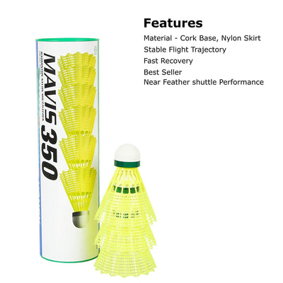Yonex Mavis 350 Badminton Shuttlecocks | Color: Yellow | Size: Standard | Material: Nylon | Speed: Slow | Pack of 6 | For Unisex | Goose Feathers | Lightweight and Durable | Solid Cork Base | Ideal for all Professional Level Players