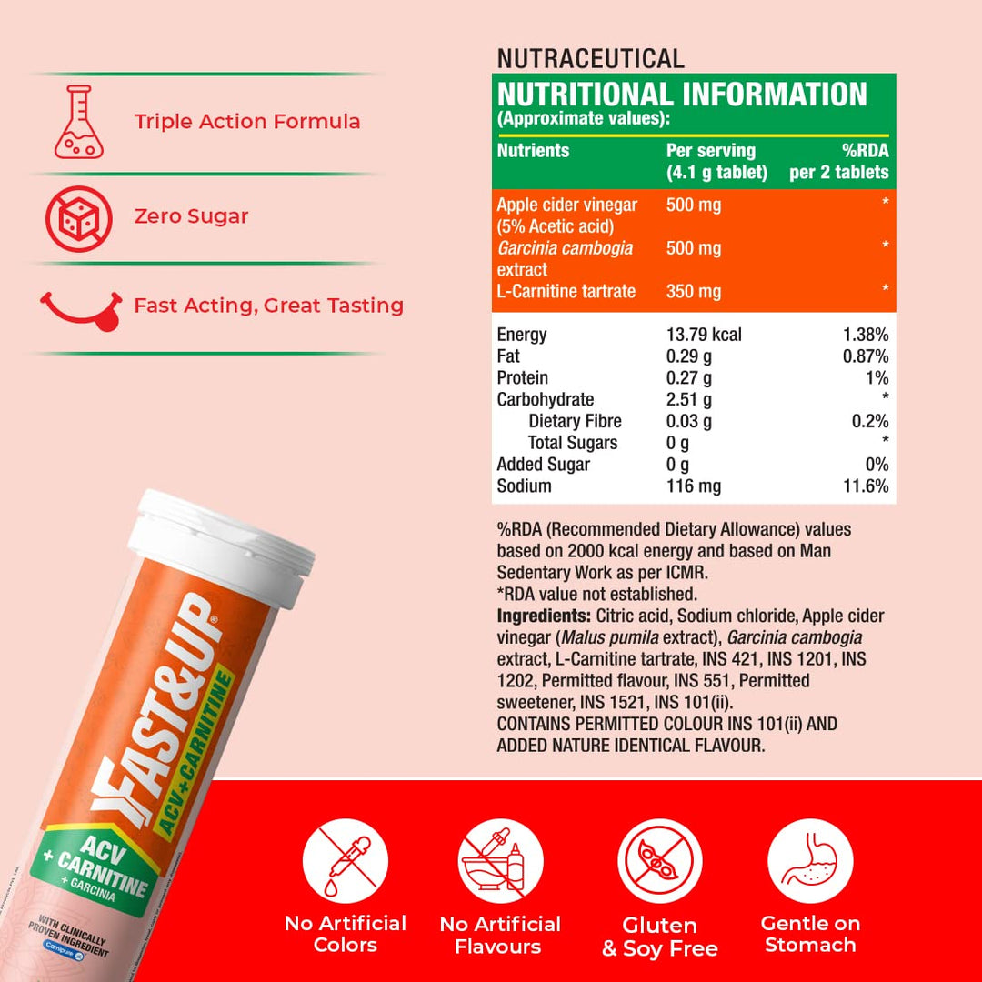 Fast&Up ACV + Carnitine | 500mg ACV | 350mg L-Carnitine | 500mg Garcinia| Triple Action Formula l Energy Booster l Essential Daily Supplement | Lemon Flavour (15 Effervescent Tablets)