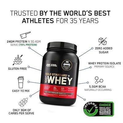 Optimum Nutrition (ON) Gold Standard 100% Whey (2 lbs/907 g) (Double Rich Chocolate) Protein Powder for Muscle Support & Recovery, Vegetarian - Primary Source Whey Isolate