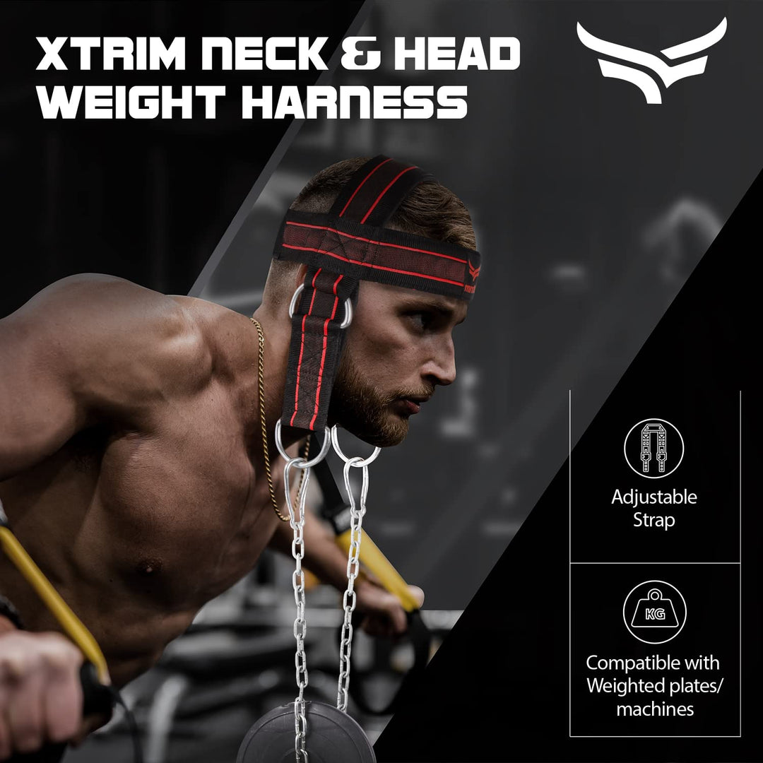 Neck and Head Weight Harness with 30” Heavy-Duty Steel Chain & 4 D-Rings for Gym & Home Workout | Thick Neoprene Padded & Adjustable Strap with Superior Saddle Stitching