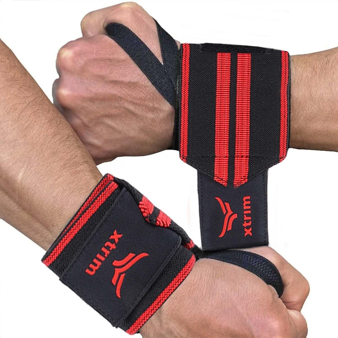 Wrist Supporter for Gym | Wrist Band for Gym Workout | Gym Wrist Support for Men & Women with Thumb Loop Straps | Made of Velcro and Elastic Band (Red | 18-inch | Set of 2)