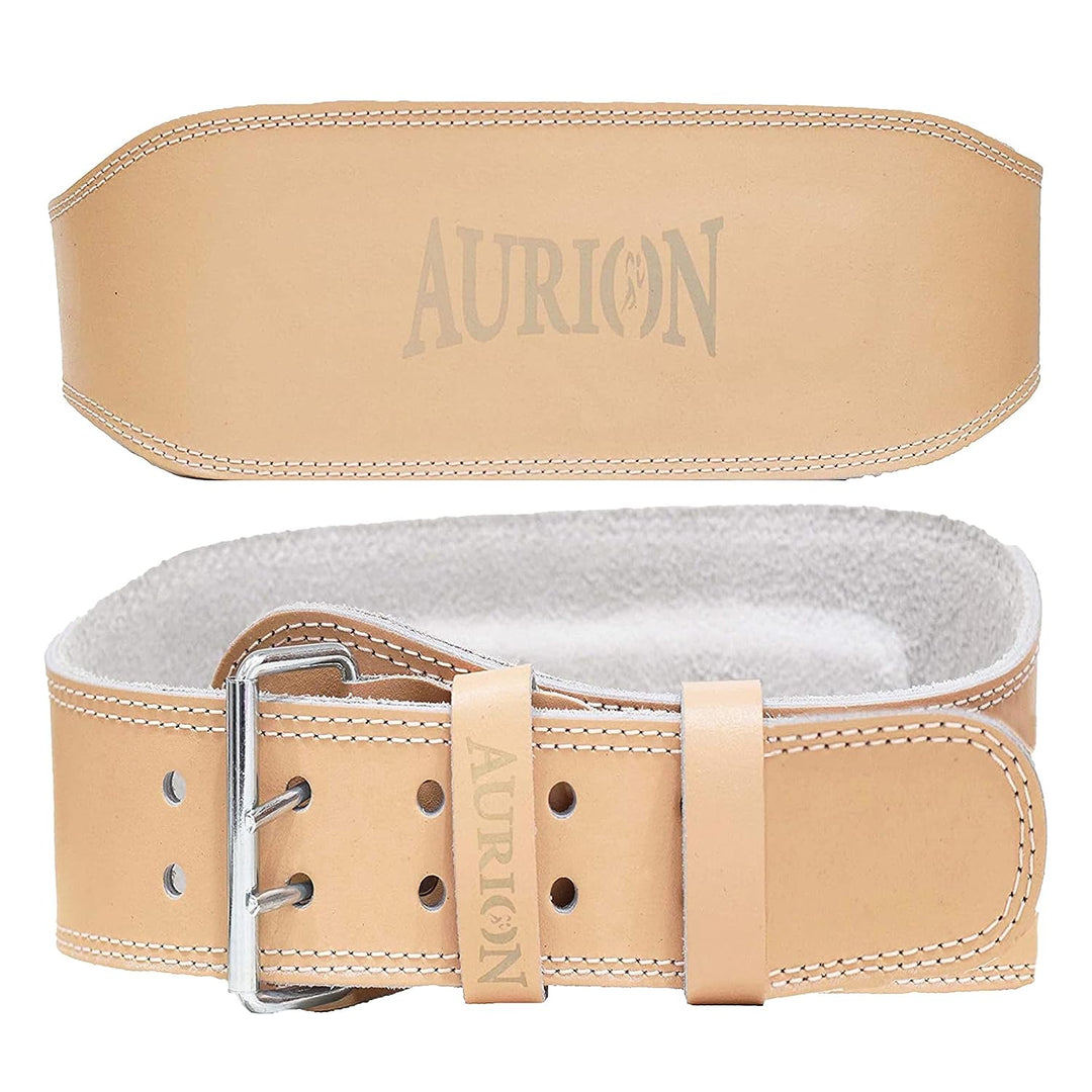 Aurion by 10Club Weight Lifting Gym Belt- Small | Leather Gym Belt for Workout with Padded Back Support | Dead Lift Belt - Tan