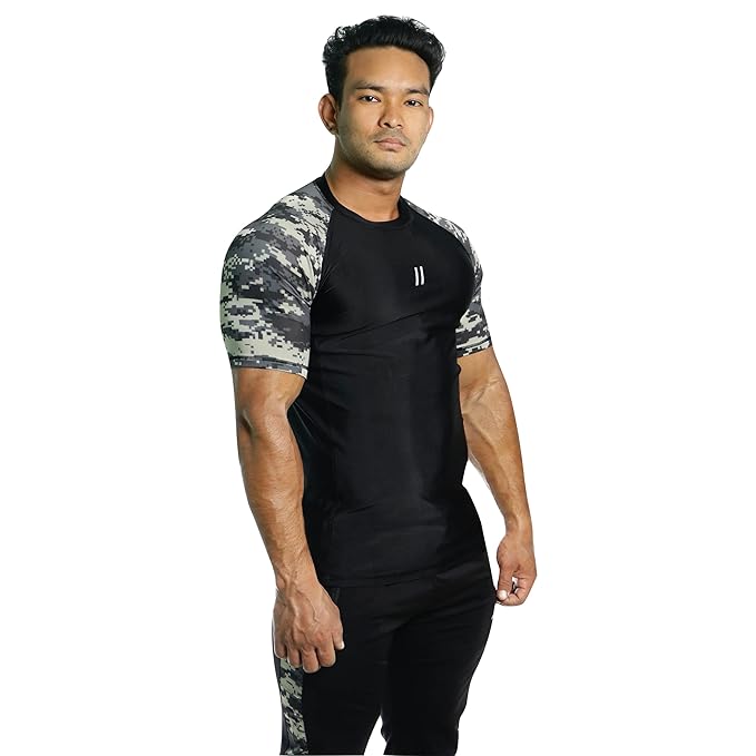 Men’s Compression Fit Nylon Half Sleeve T Shirt - Camouflage Skin Tight Base Layer for Gym | Running | Cycling