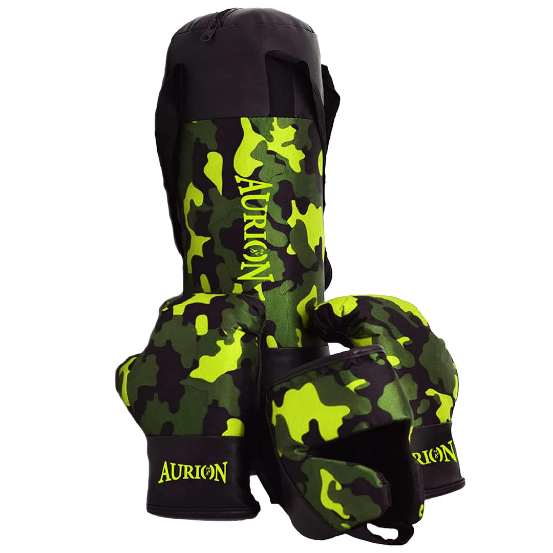 Aurion by 10Club Boxing Kit for Kids - Pack of 4 (Boxing Gloves | Head Guard & Punching Bag) | Boxing Play Set for 4-12 Year Olds (Camo Green)