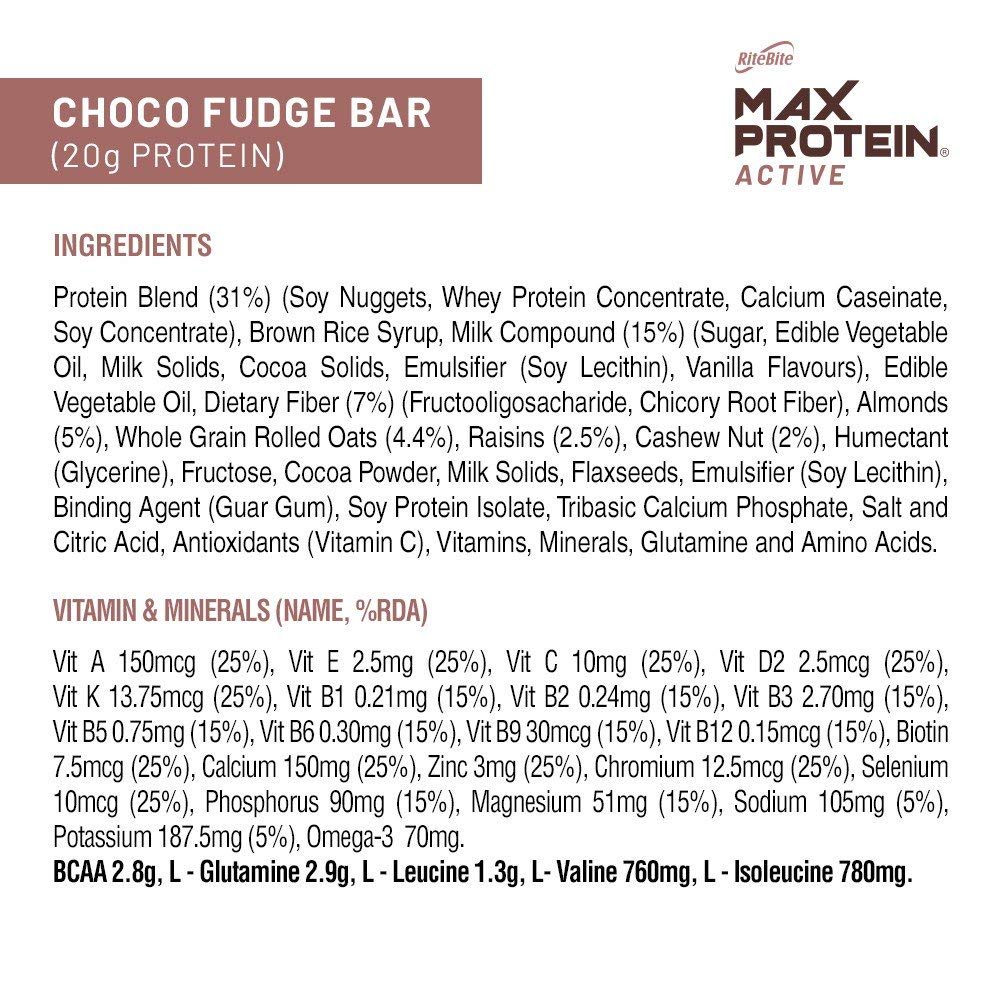 RiteBite Max Protein Active 20g Choco Fudge Protein Bars (Pack of 6), 450g