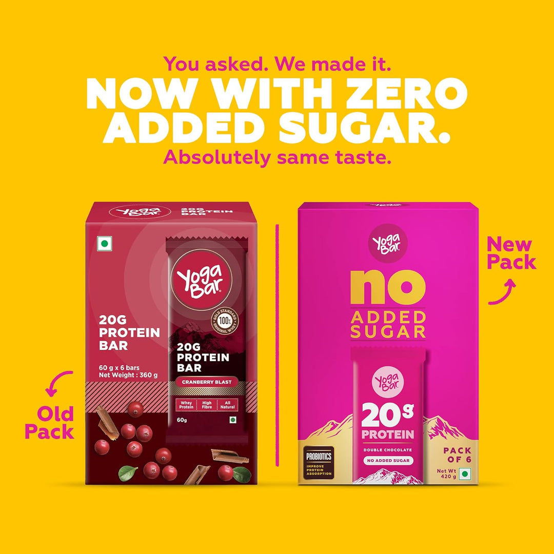 Yogabar No Added Sugar Double Chocolate Protein Bars | Pack of 6 | 420g