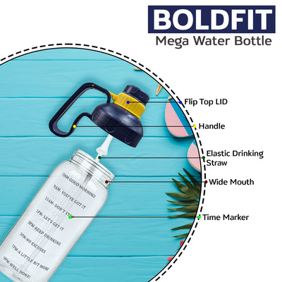 Boldfit Gym Gallon Bottle for Men 2 Litre For Gym Workout Motivational Sipper Bottle for Adults Gallon Gym Water Bottle for Home, Fitness for Men & Women - (Mega White, Plastic)