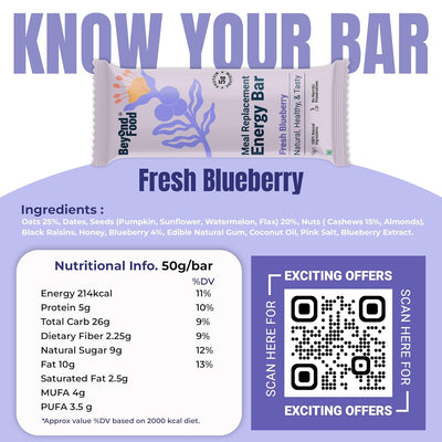 Meal Replacement Energy Bar | Fresh Blueberry Flavor (Pack of 6/ 50g each) | 100% Natural Ingredients