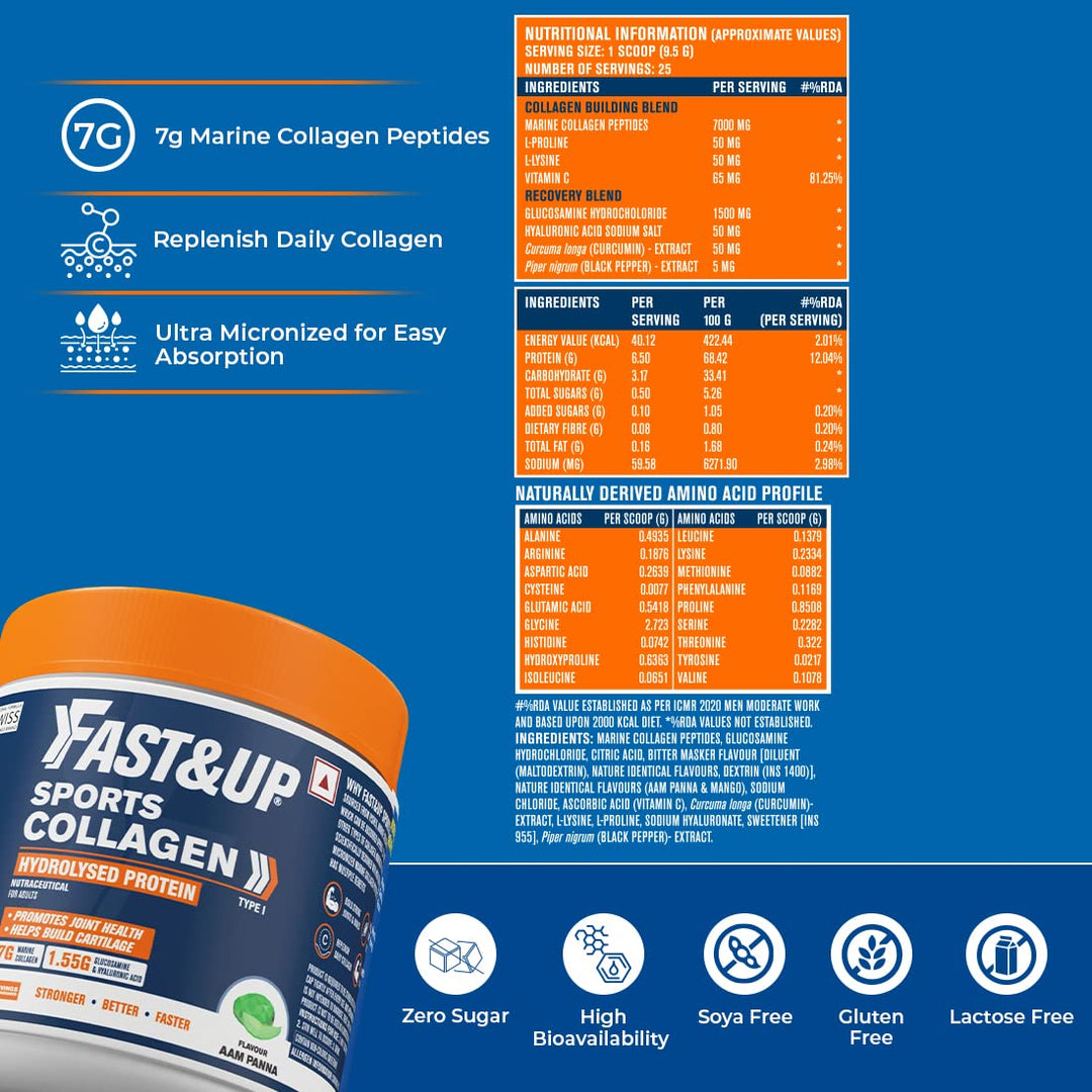 Fast&Up Sports Collagen Protein | 7g Type 1 Marine Collagen Peptides | Supports Healthy Joints, Bones & Muscles || Aam Panna Flavour (25 Servings)