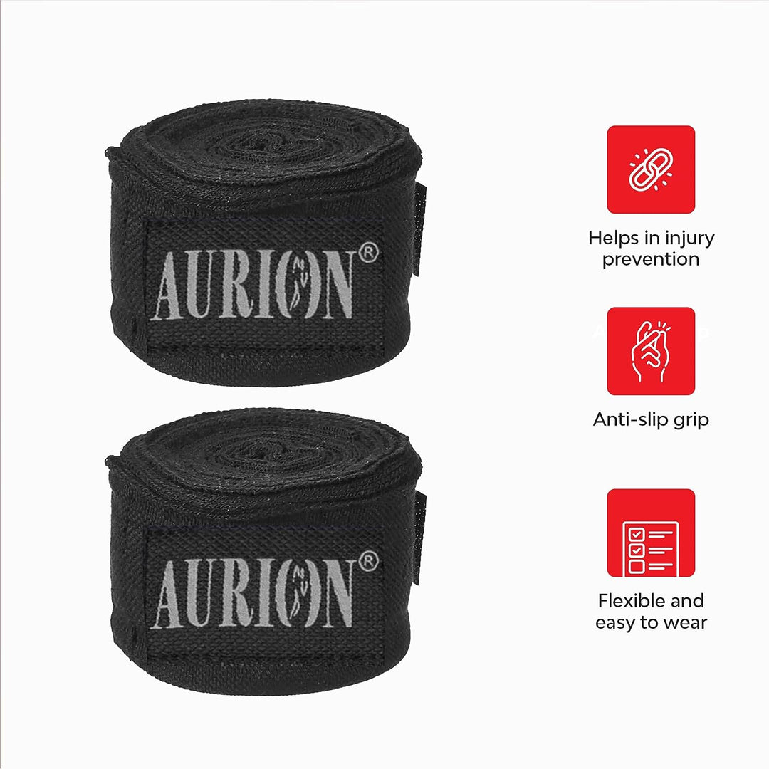 Aurion by 10Club Canvas Boxing Hand Wraps | 108 Inch Punching Hand Wraps with Velcro Closure - 1 Pair (Black)