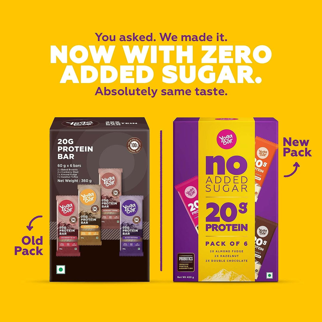 Yogabar No Added Sugar 20g Protein Bars | High Protein & Energy Bars | Added Probiotics & Whey | 20g Protein & 10g Fibre Nutrition Bars| Pack of 5 x 70g Each | No Preservatives