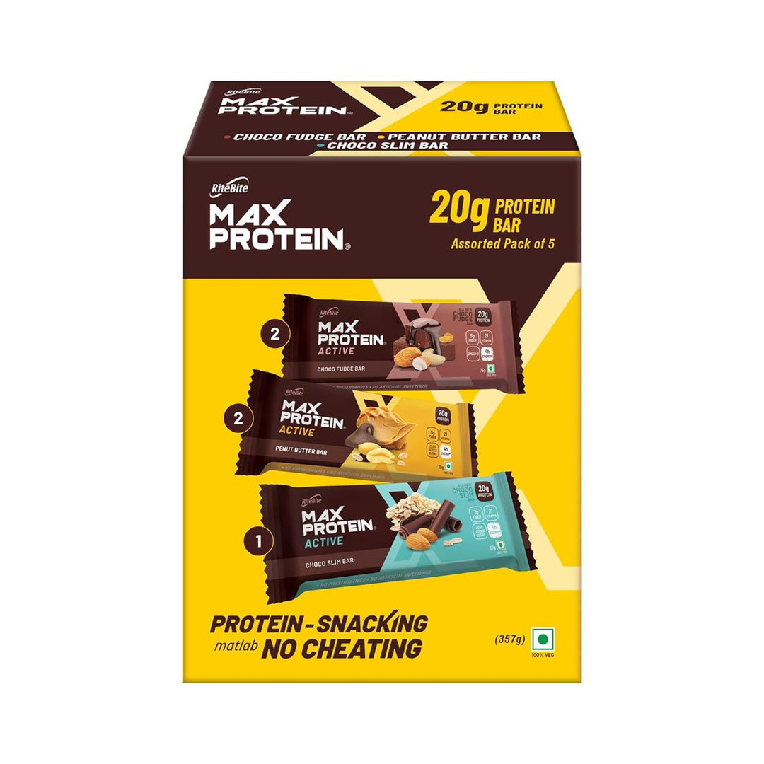 RiteBite Max Protein Active Assorted 20g Protein Bars (Pack of 5), 357g